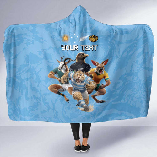 Custom Rugby Southern Hemisphere Hooded Blanket Argentina AUNZ South Africa Mascot Blue - Aussie Hoodie