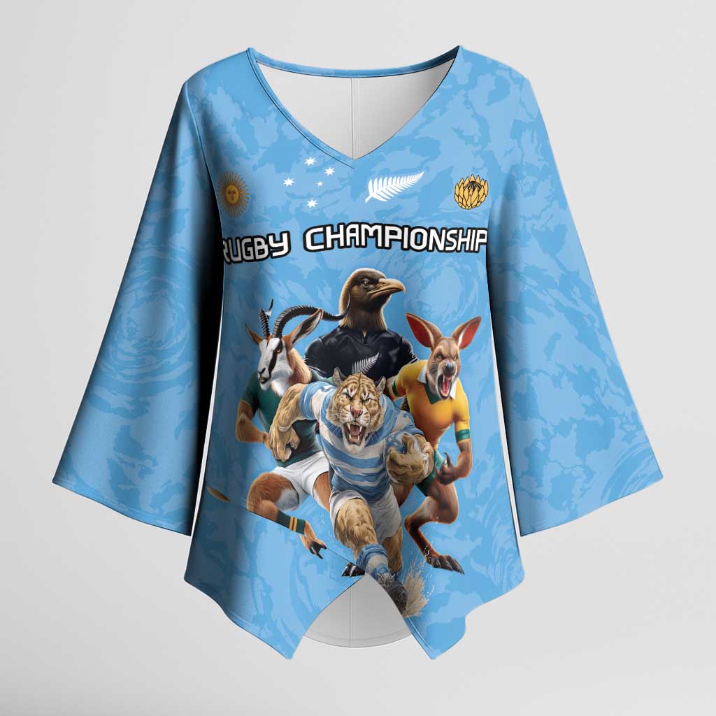 Custom Rugby Southern Hemisphere Kimono Sleeve Blouse Argentina AUNZ South Africa Mascot Blue - Aussie Hoodie