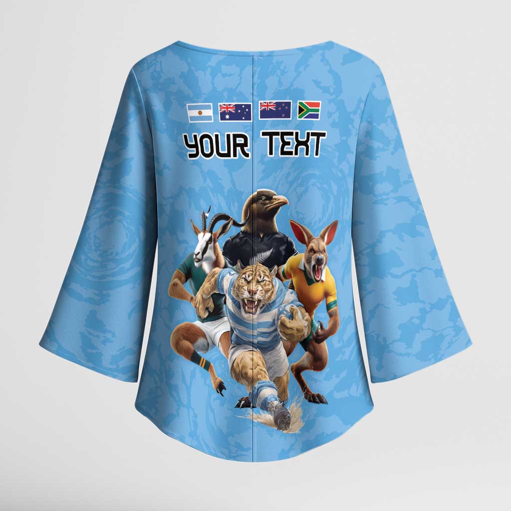 Custom Rugby Southern Hemisphere Kimono Sleeve Blouse Argentina AUNZ South Africa Mascot Blue - Aussie Hoodie