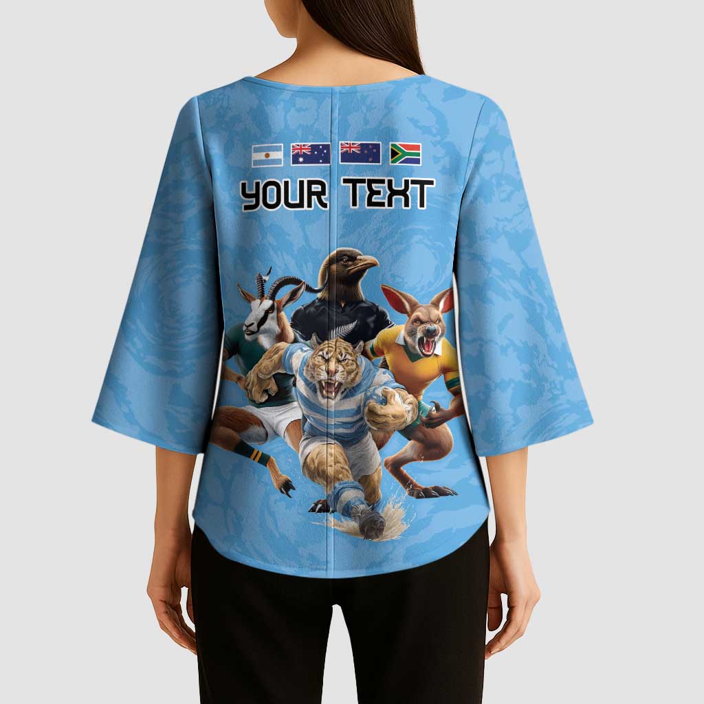 Custom Rugby Southern Hemisphere Kimono Sleeve Blouse Argentina AUNZ South Africa Mascot Blue - Aussie Hoodie