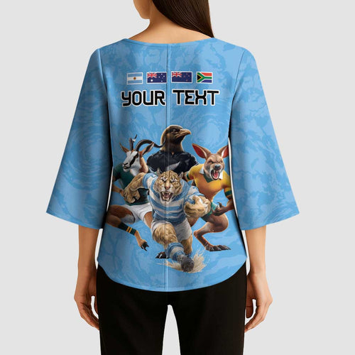 Custom Rugby Southern Hemisphere Kimono Sleeve Blouse Argentina AUNZ South Africa Mascot Blue - Aussie Hoodie