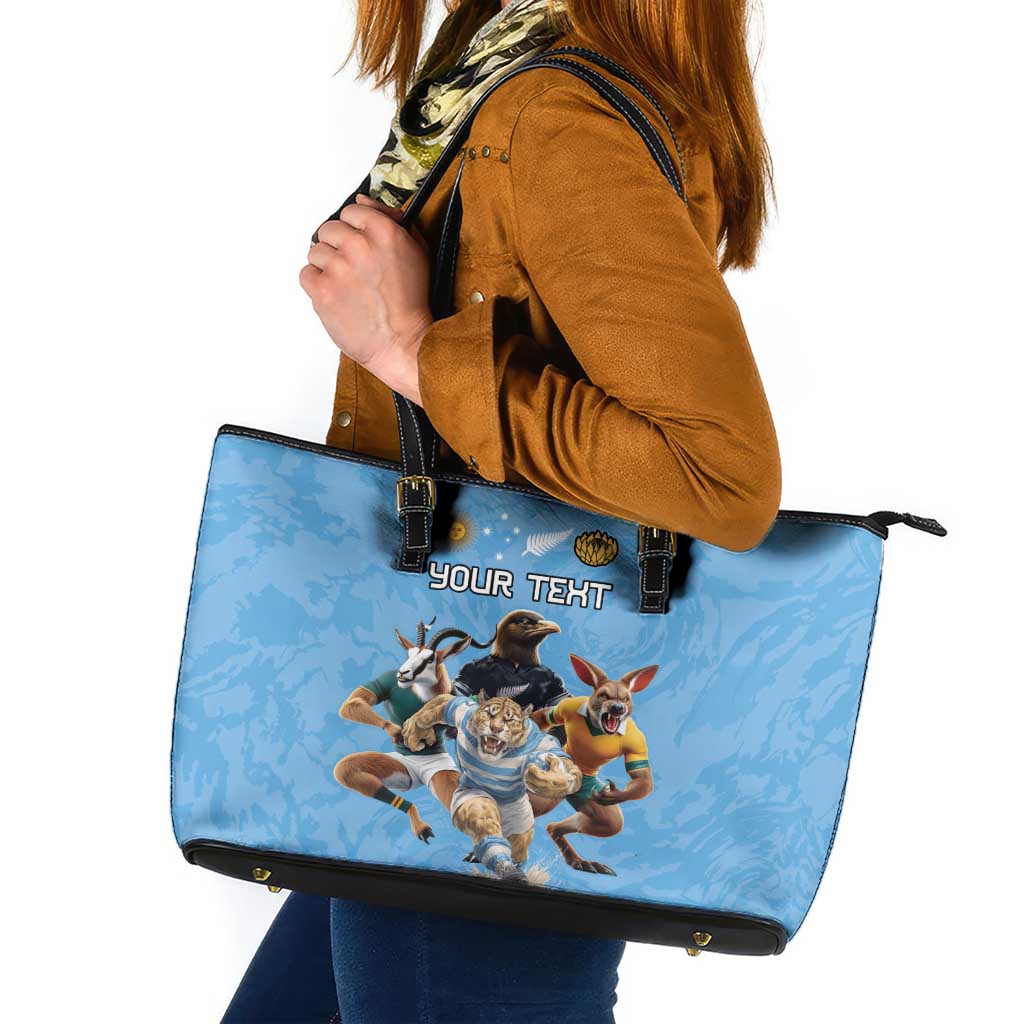 Custom Rugby Southern Hemisphere Leather Tote Bag Argentina AUNZ South Africa Mascot Blue - Aussie Hoodie