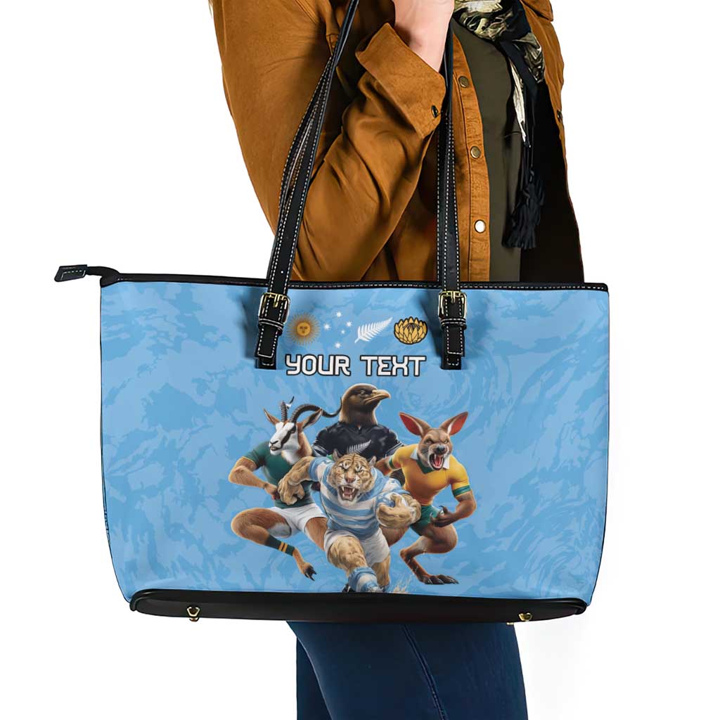Custom Rugby Southern Hemisphere Leather Tote Bag Argentina AUNZ South Africa Mascot Blue - Aussie Hoodie