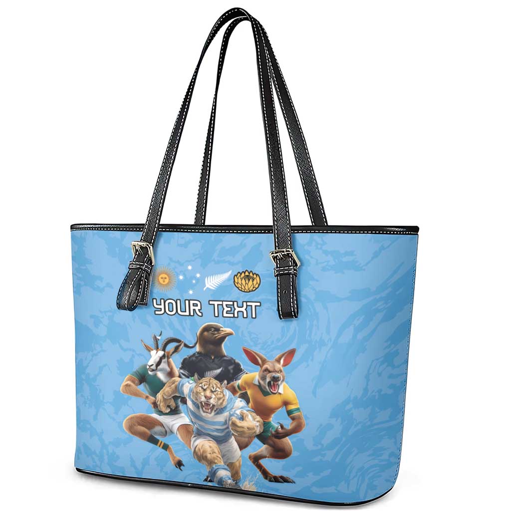 Custom Rugby Southern Hemisphere Leather Tote Bag Argentina AUNZ South Africa Mascot Blue - Aussie Hoodie