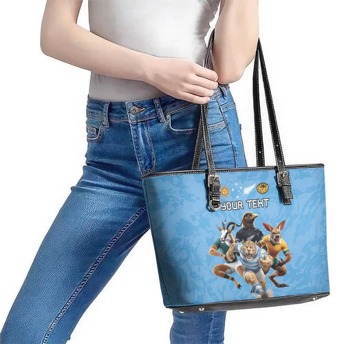 Custom Rugby Southern Hemisphere Leather Tote Bag Argentina AUNZ South Africa Mascot Blue - Aussie Hoodie