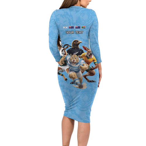 Custom Rugby Southern Hemisphere Long Sleeve Bodycon Dress Argentina AUNZ South Africa Mascot Blue - Aussie Hoodie