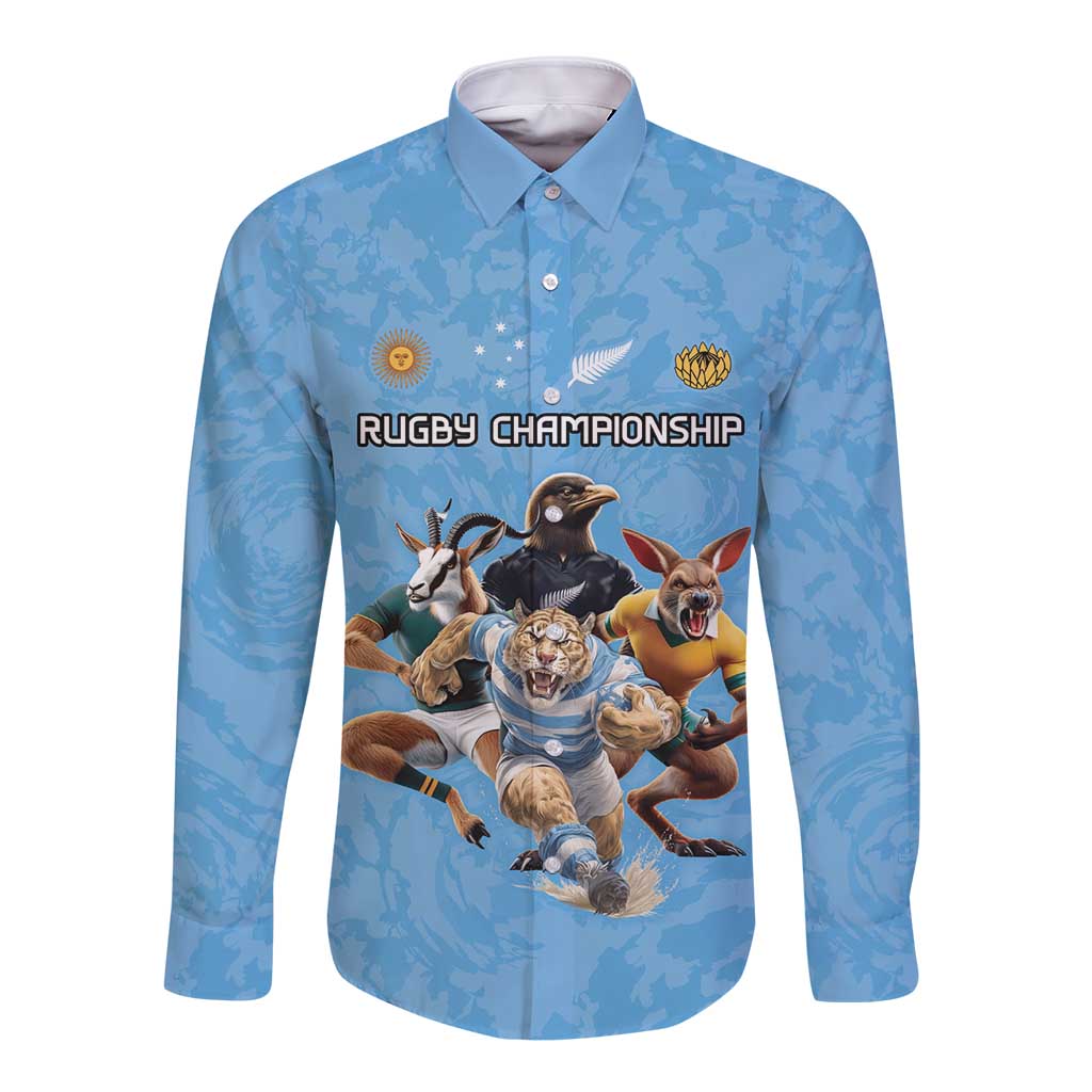 Custom Rugby Southern Hemisphere Long Sleeve Button Shirt Argentina AUNZ South Africa Mascot Blue - Aussie Hoodie