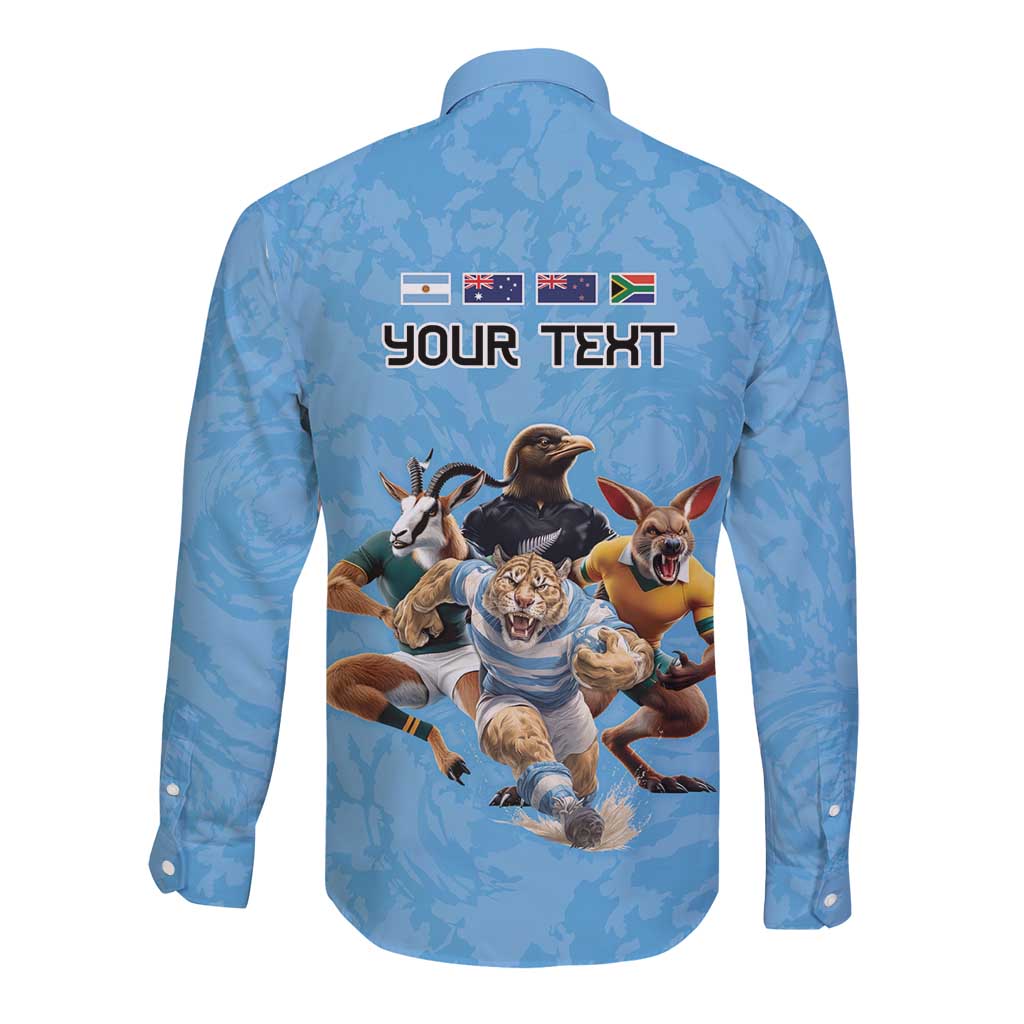 Custom Rugby Southern Hemisphere Long Sleeve Button Shirt Argentina AUNZ South Africa Mascot Blue - Aussie Hoodie