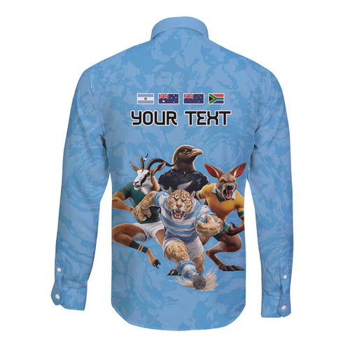 Custom Rugby Southern Hemisphere Long Sleeve Button Shirt Argentina AUNZ South Africa Mascot Blue - Aussie Hoodie