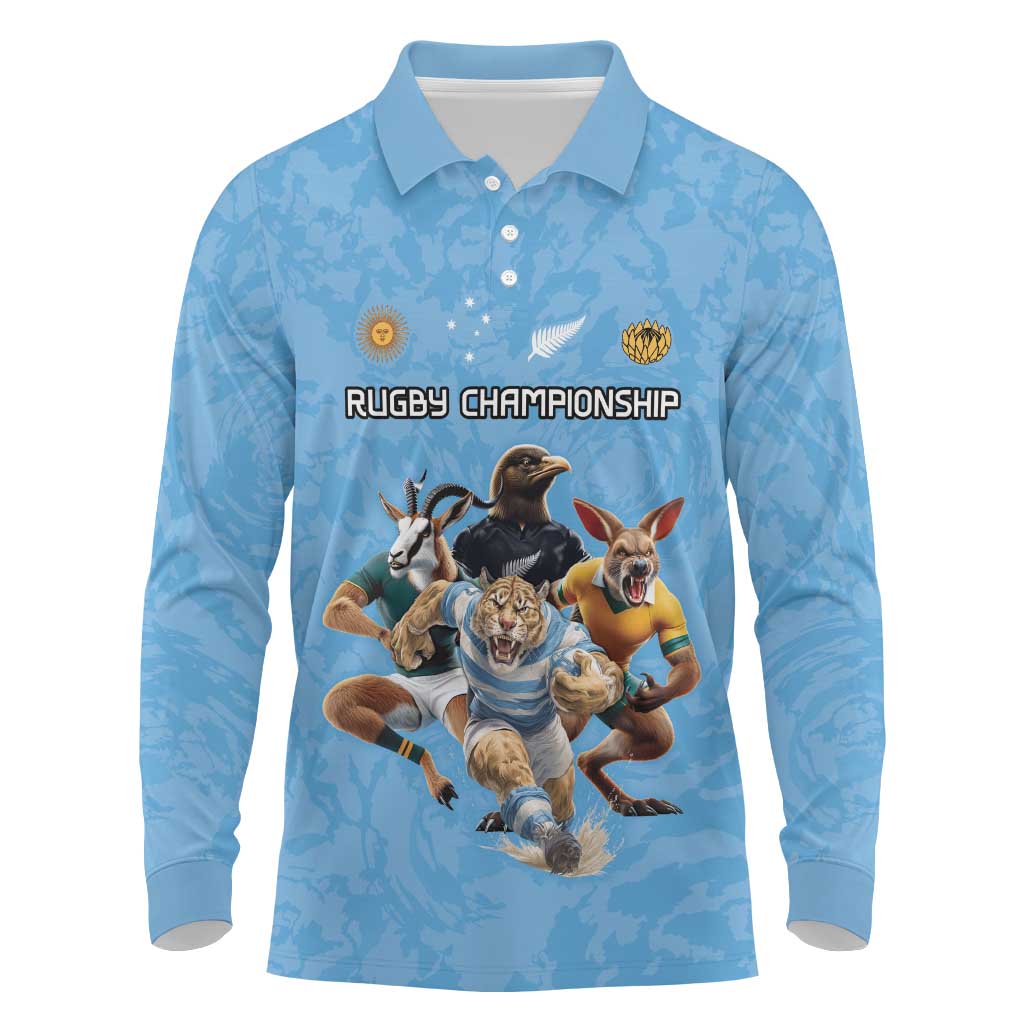 Custom Rugby Southern Hemisphere Long Sleeve Polo Shirt Argentina AUNZ South Africa Mascot Blue - Aussie Hoodie
