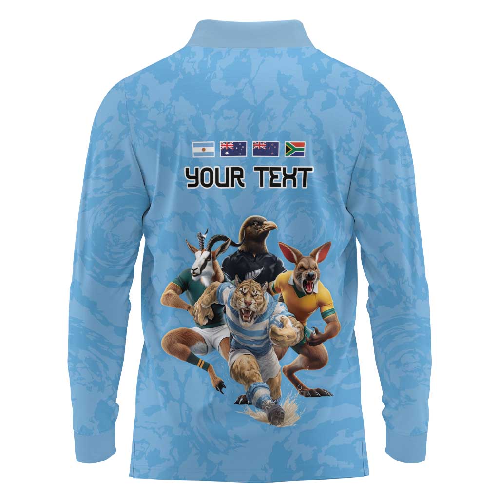 Custom Rugby Southern Hemisphere Long Sleeve Polo Shirt Argentina AUNZ South Africa Mascot Blue - Aussie Hoodie