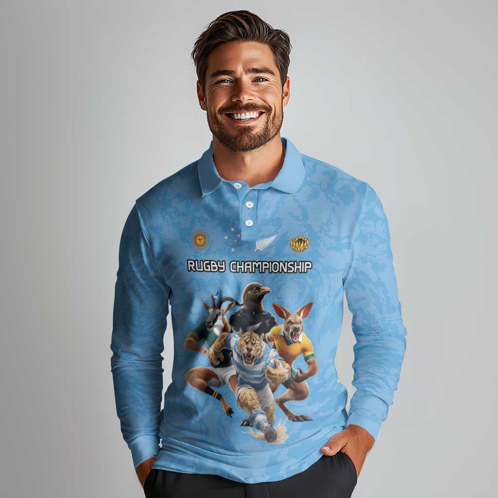Custom Rugby Southern Hemisphere Long Sleeve Polo Shirt Argentina AUNZ South Africa Mascot Blue - Aussie Hoodie