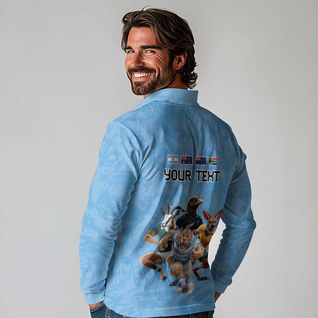 Custom Rugby Southern Hemisphere Long Sleeve Polo Shirt Argentina AUNZ South Africa Mascot Blue - Aussie Hoodie