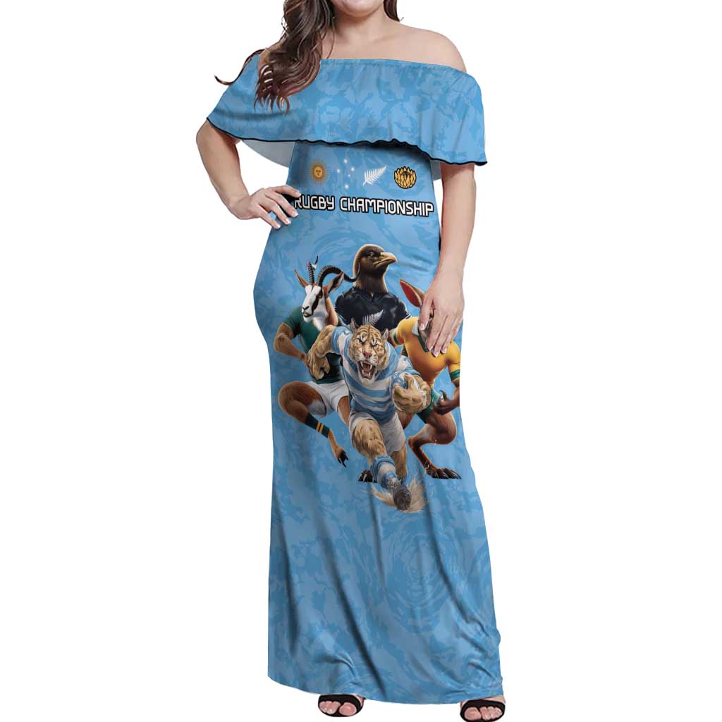 Custom Rugby Southern Hemisphere Off Shoulder Maxi Dress Argentina AUNZ South Africa Mascot Blue - Aussie Hoodie