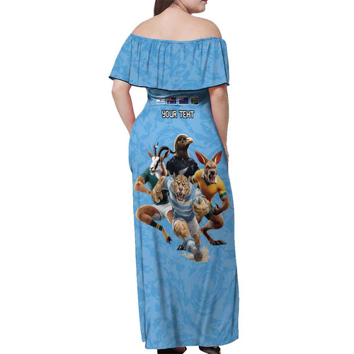 Custom Rugby Southern Hemisphere Off Shoulder Maxi Dress Argentina AUNZ South Africa Mascot Blue - Aussie Hoodie