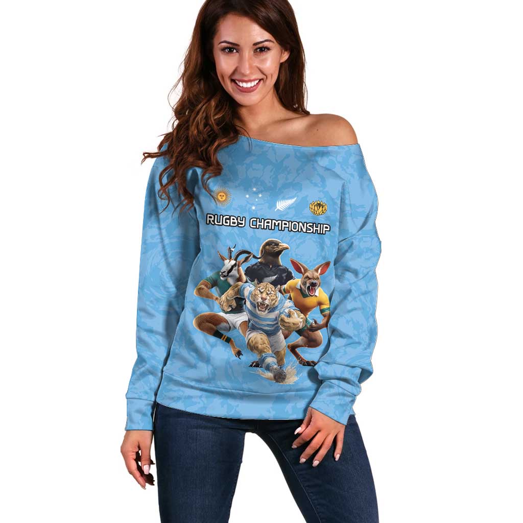 Custom Rugby Southern Hemisphere Off Shoulder Sweater Argentina AUNZ South Africa Mascot Blue - Aussie Hoodie