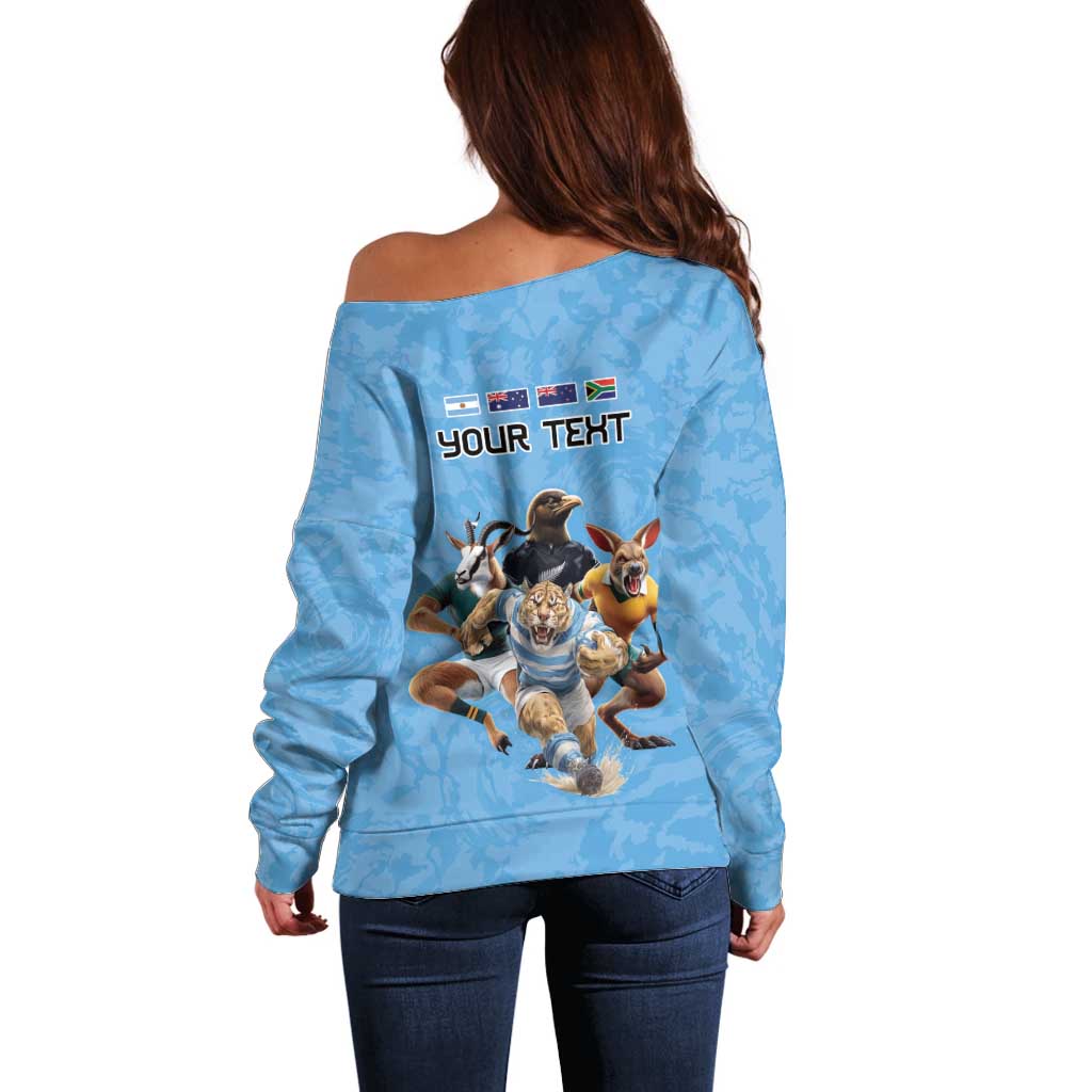 Custom Rugby Southern Hemisphere Off Shoulder Sweater Argentina AUNZ South Africa Mascot Blue - Aussie Hoodie