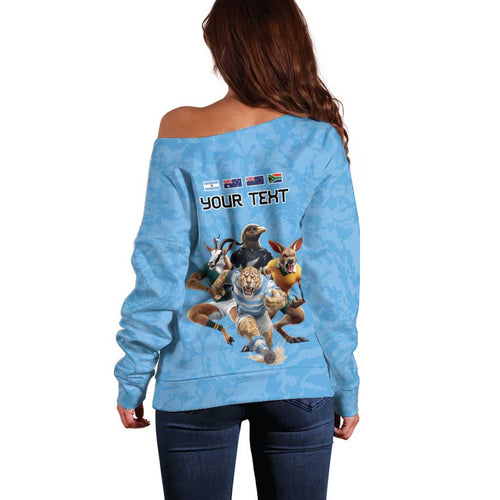 Custom Rugby Southern Hemisphere Off Shoulder Sweater Argentina AUNZ South Africa Mascot Blue - Aussie Hoodie