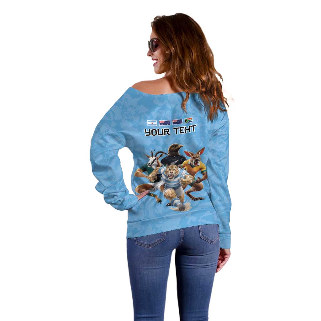 Custom Rugby Southern Hemisphere Off Shoulder Sweater Argentina AUNZ South Africa Mascot Blue - Aussie Hoodie