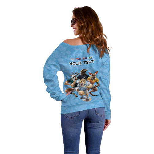 Custom Rugby Southern Hemisphere Off Shoulder Sweater Argentina AUNZ South Africa Mascot Blue - Aussie Hoodie