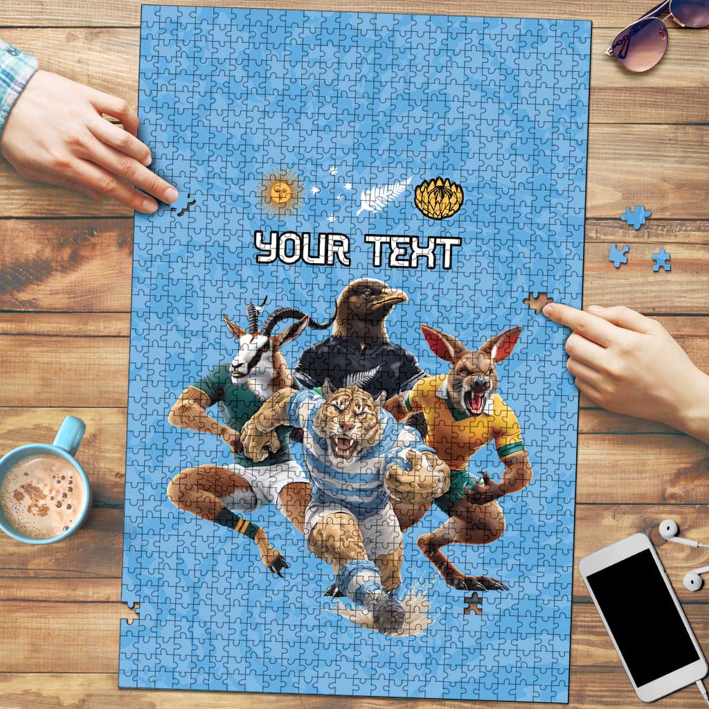 Custom Rugby Southern Hemisphere Puzzle Argentina AUNZ South Africa Mascot Blue - Aussie Hoodie