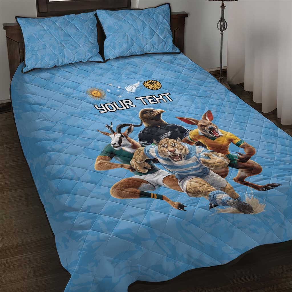 Custom Rugby Southern Hemisphere Quilt Bed Set Argentina AUNZ South Africa Mascot Blue - Aussie Hoodie