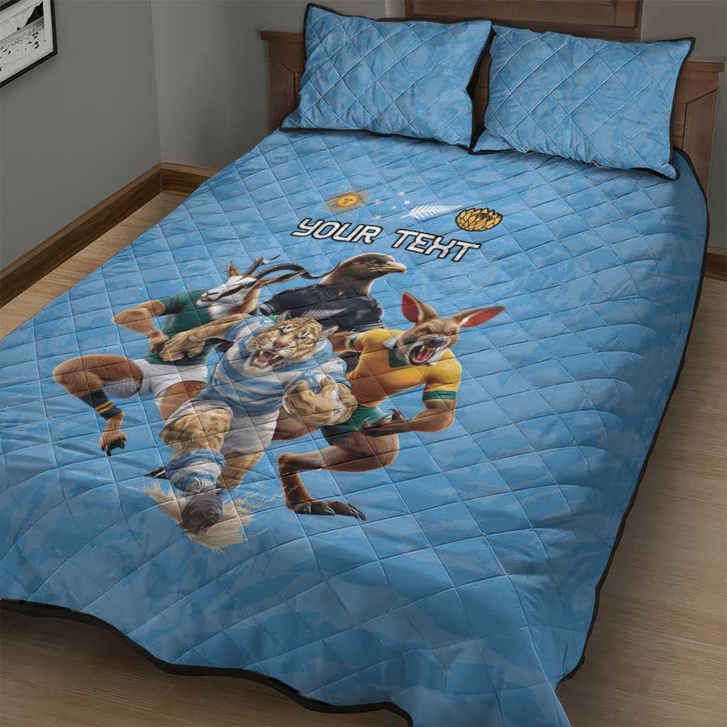 Custom Rugby Southern Hemisphere Quilt Bed Set Argentina AUNZ South Africa Mascot Blue - Aussie Hoodie