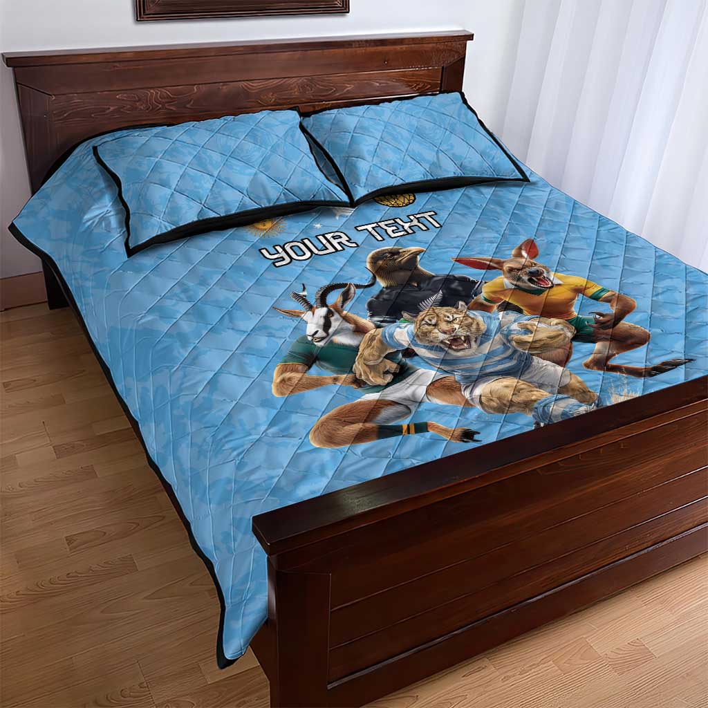 Custom Rugby Southern Hemisphere Quilt Bed Set Argentina AUNZ South Africa Mascot Blue - Aussie Hoodie