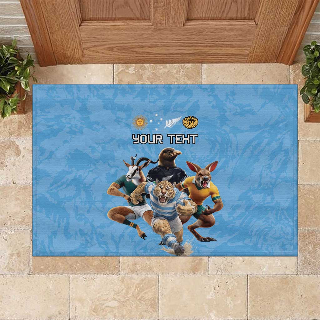 Custom Rugby Southern Hemisphere Rubber Doormat Argentina AUNZ South Africa Mascot Blue - Aussie Hoodie