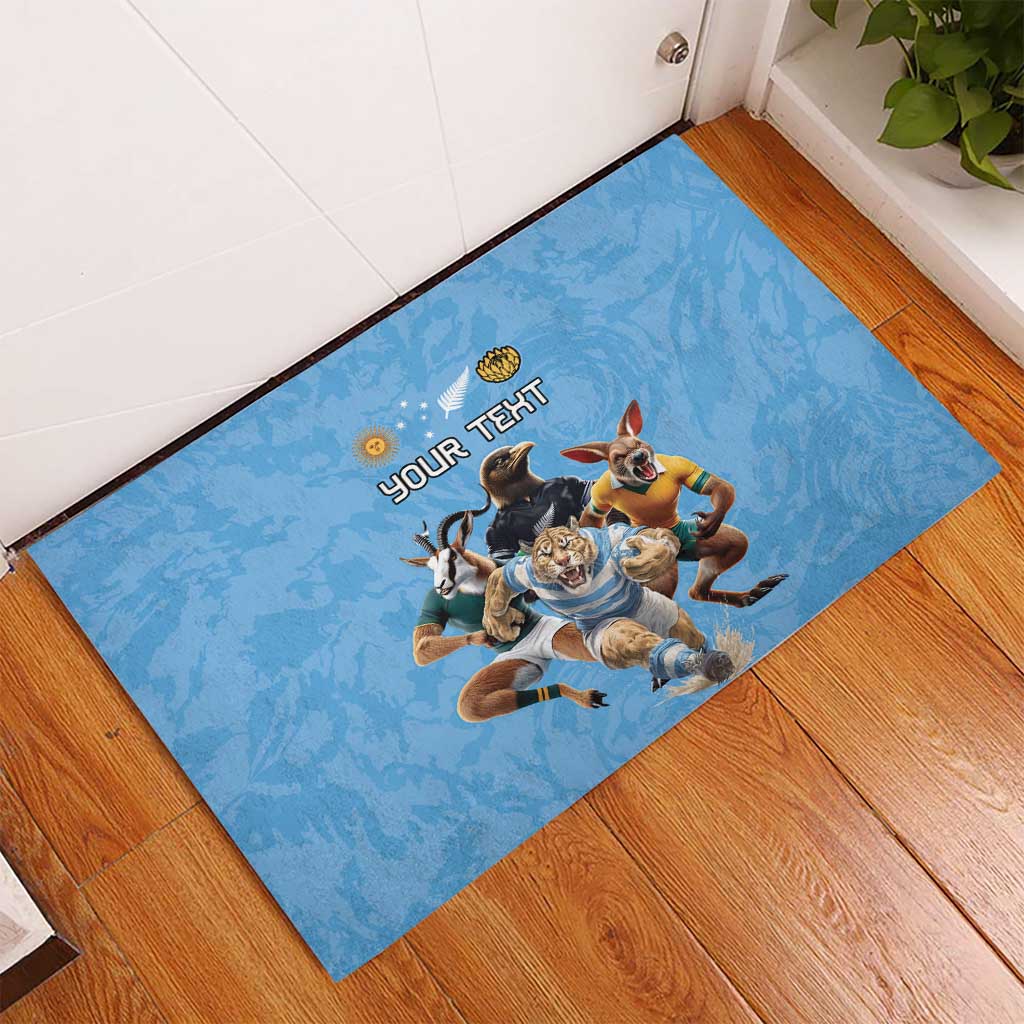 Custom Rugby Southern Hemisphere Rubber Doormat Argentina AUNZ South Africa Mascot Blue - Aussie Hoodie