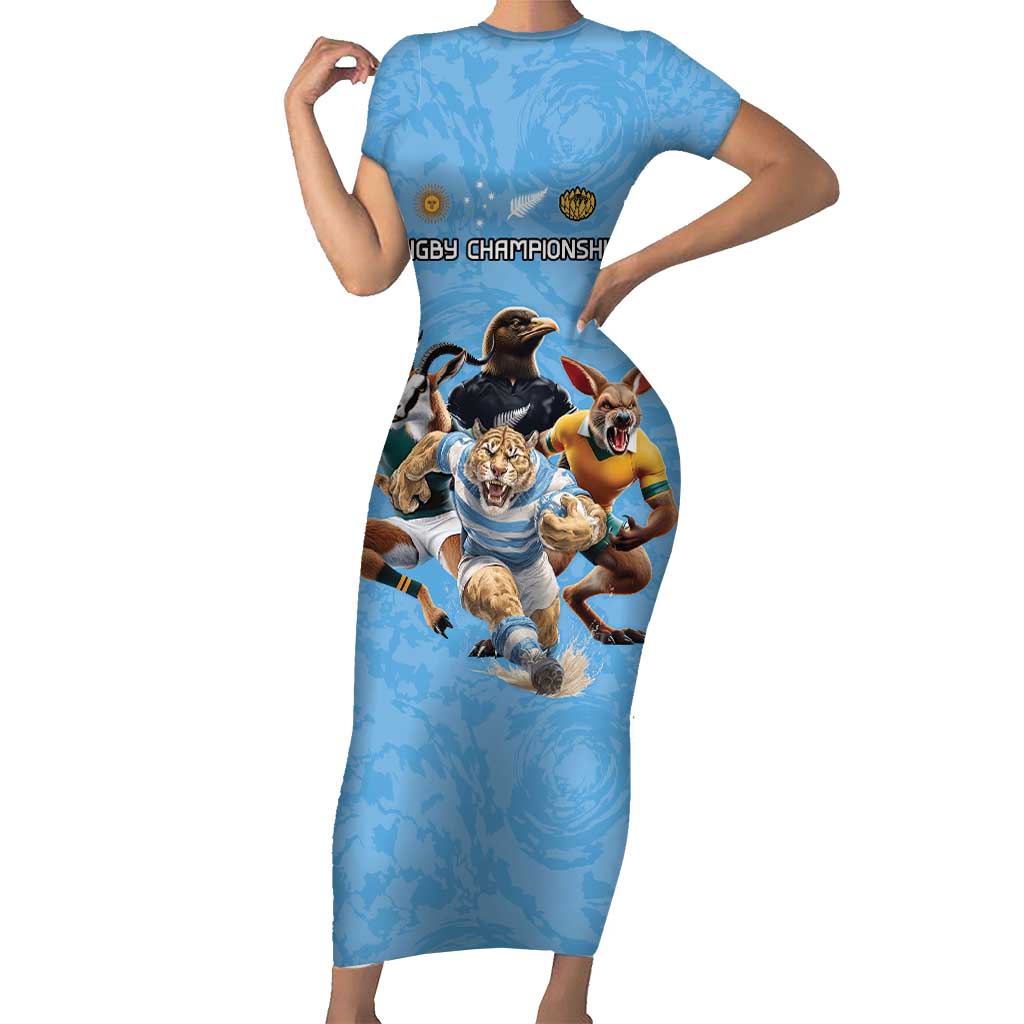 Custom Rugby Southern Hemisphere Short Sleeve Bodycon Dress Argentina AUNZ South Africa Mascot Blue - Aussie Hoodie