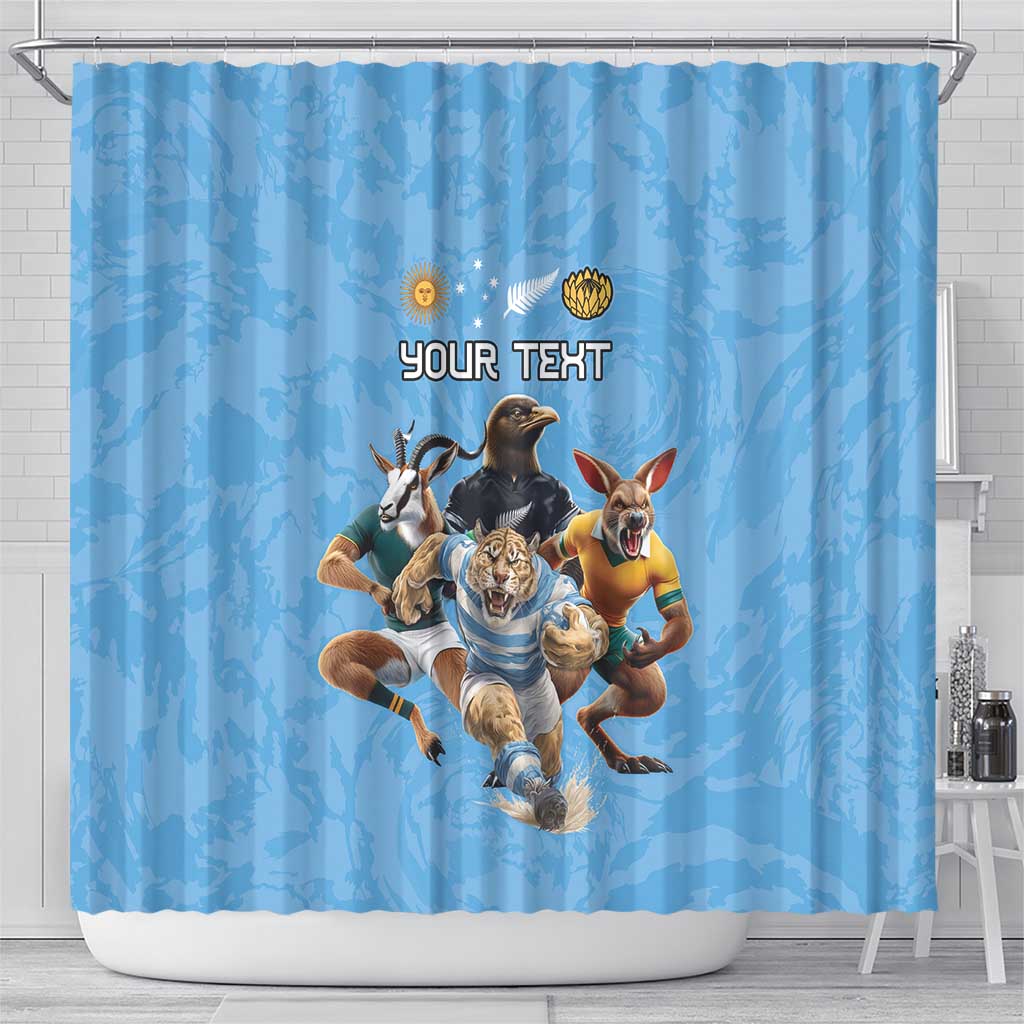Custom Rugby Southern Hemisphere Shower Curtain Argentina AUNZ South Africa Mascot Blue - Aussie Hoodie