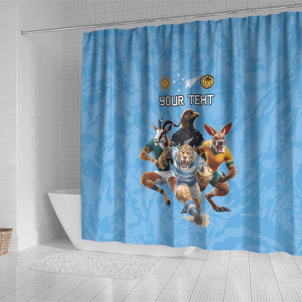 Custom Rugby Southern Hemisphere Shower Curtain Argentina AUNZ South Africa Mascot Blue - Aussie Hoodie