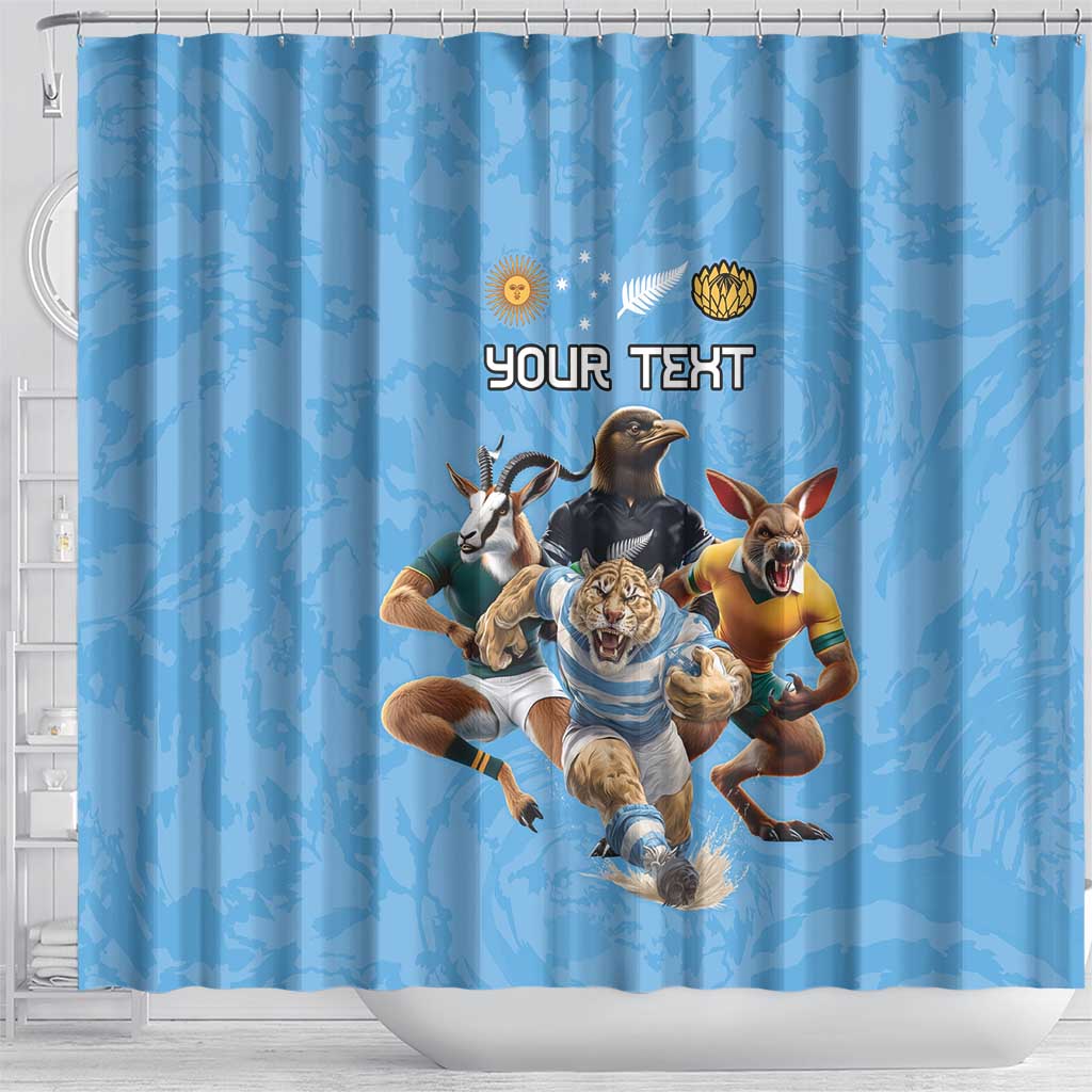 Custom Rugby Southern Hemisphere Shower Curtain Argentina AUNZ South Africa Mascot Blue - Aussie Hoodie