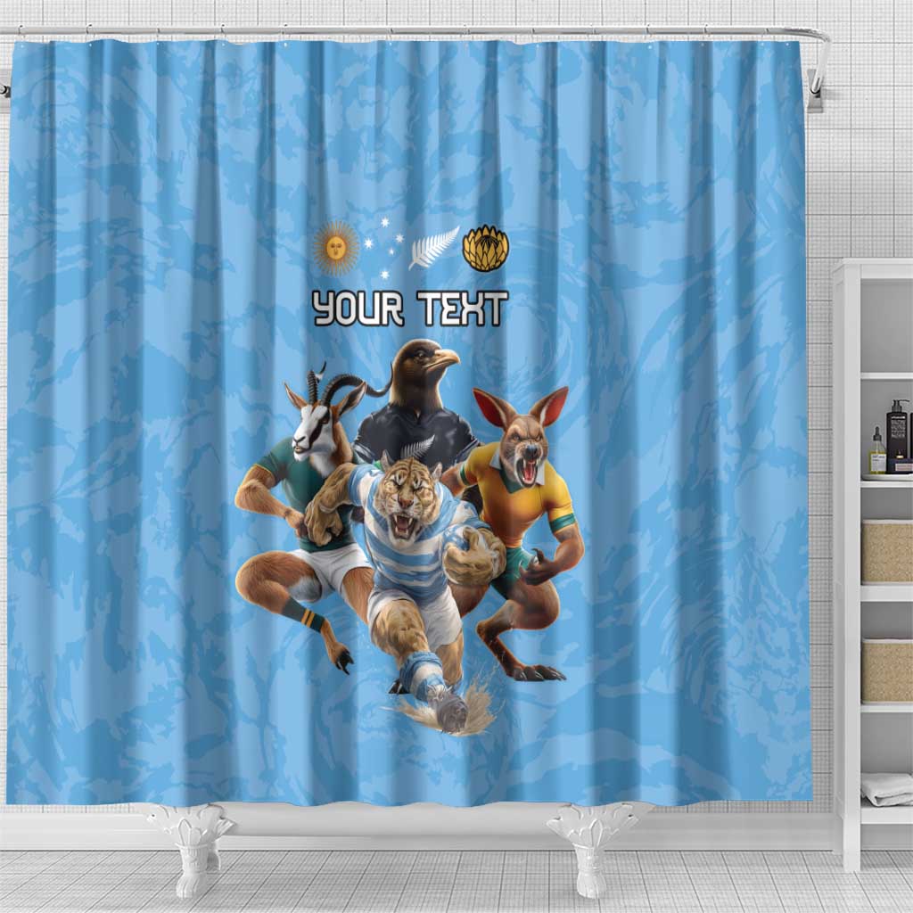 Custom Rugby Southern Hemisphere Shower Curtain Argentina AUNZ South Africa Mascot Blue - Aussie Hoodie