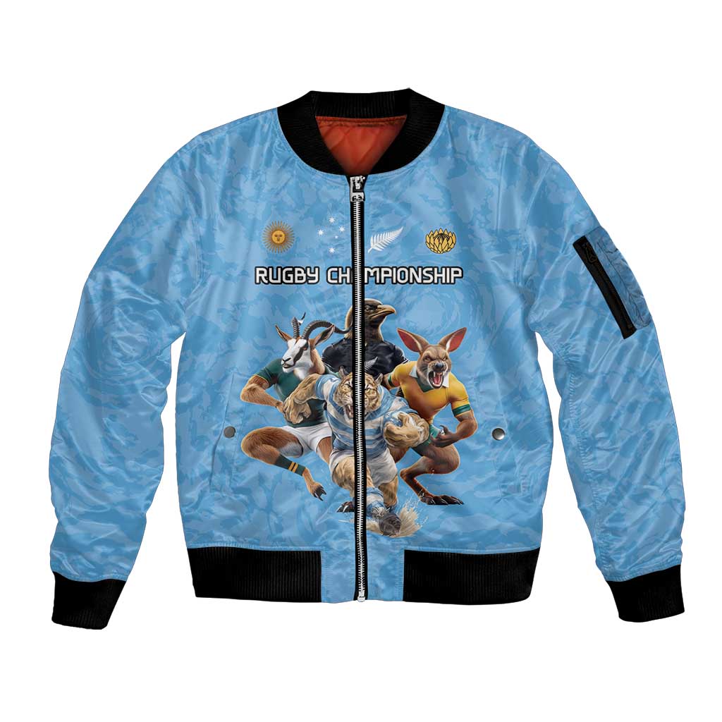 Custom Rugby Southern Hemisphere Sleeve Zip Bomber Jacket Argentina AUNZ South Africa Mascot Blue - Aussie Hoodie