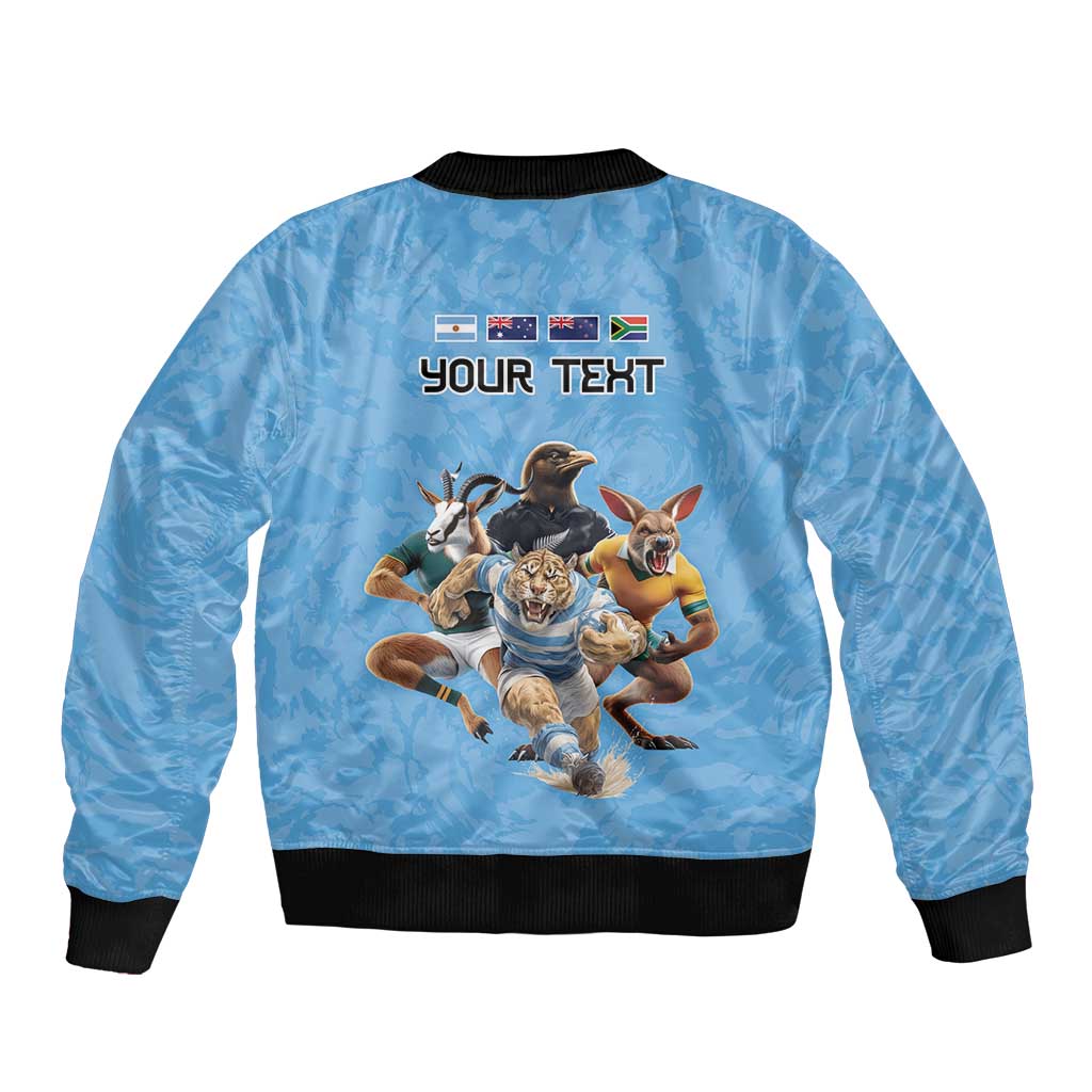 Custom Rugby Southern Hemisphere Sleeve Zip Bomber Jacket Argentina AUNZ South Africa Mascot Blue - Aussie Hoodie