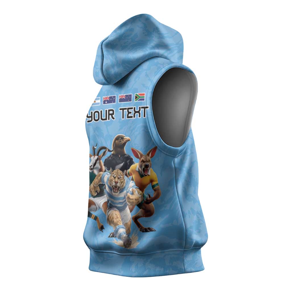 Custom Rugby Southern Hemisphere Sleeveless Hoodie Argentina AUNZ South Africa Mascot Blue - Aussie Hoodie