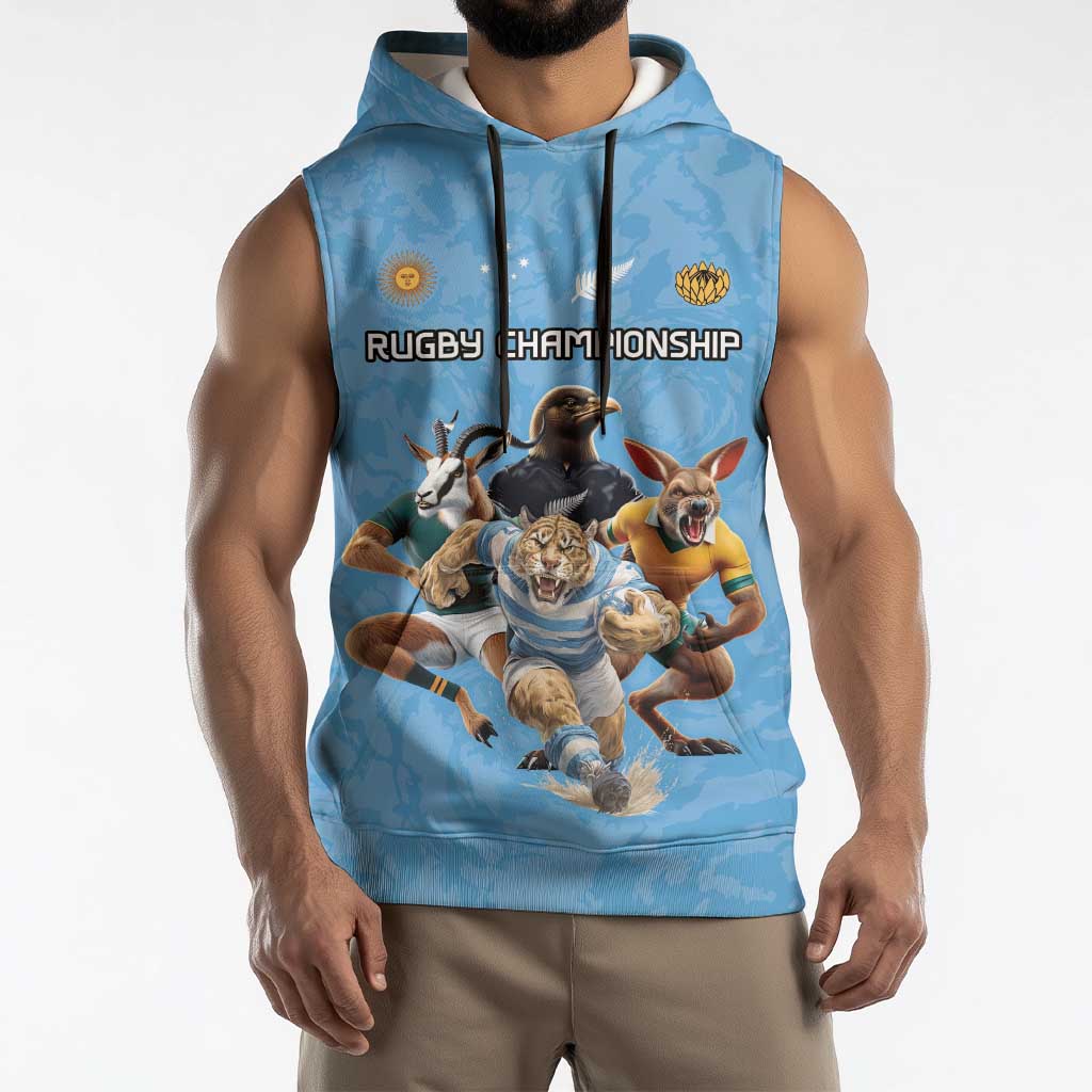 Custom Rugby Southern Hemisphere Sleeveless Hoodie Argentina AUNZ South Africa Mascot Blue - Aussie Hoodie