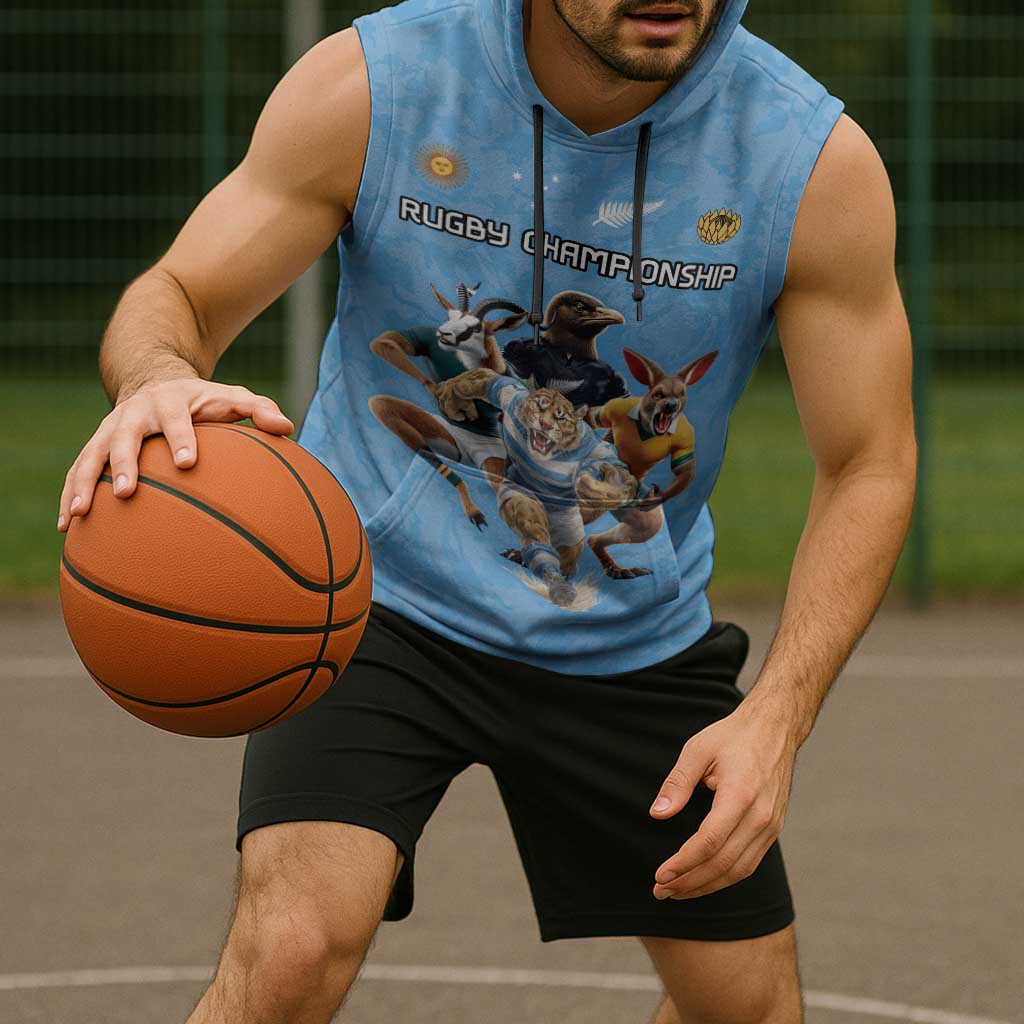 Custom Rugby Southern Hemisphere Sleeveless Hoodie Argentina AUNZ South Africa Mascot Blue - Aussie Hoodie