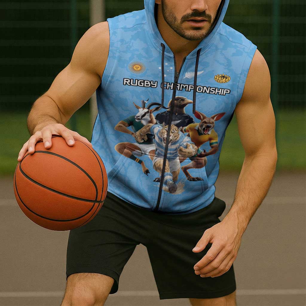 Custom Rugby Southern Hemisphere Sleeveless Zip Hoodie Argentina AUNZ South Africa Mascot Blue LT9