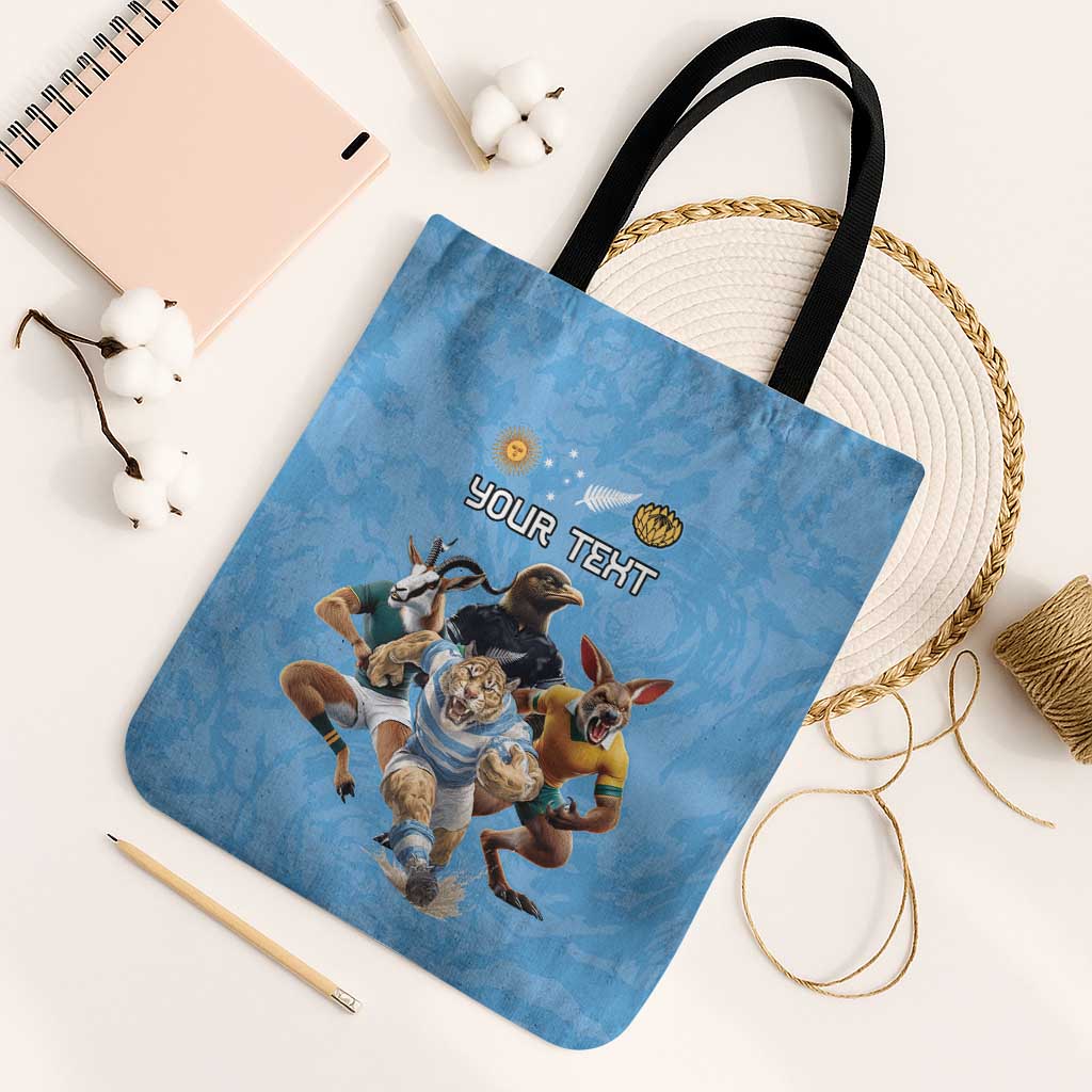 Custom Rugby Southern Hemisphere Tote Bag Argentina AUNZ South Africa Mascot Blue - Aussie Hoodie