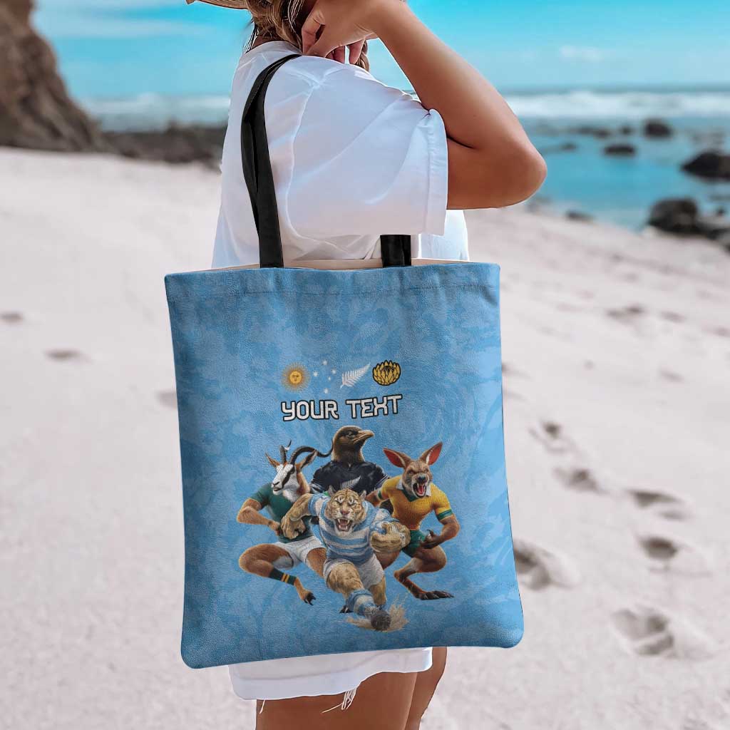 Custom Rugby Southern Hemisphere Tote Bag Argentina AUNZ South Africa Mascot Blue - Aussie Hoodie