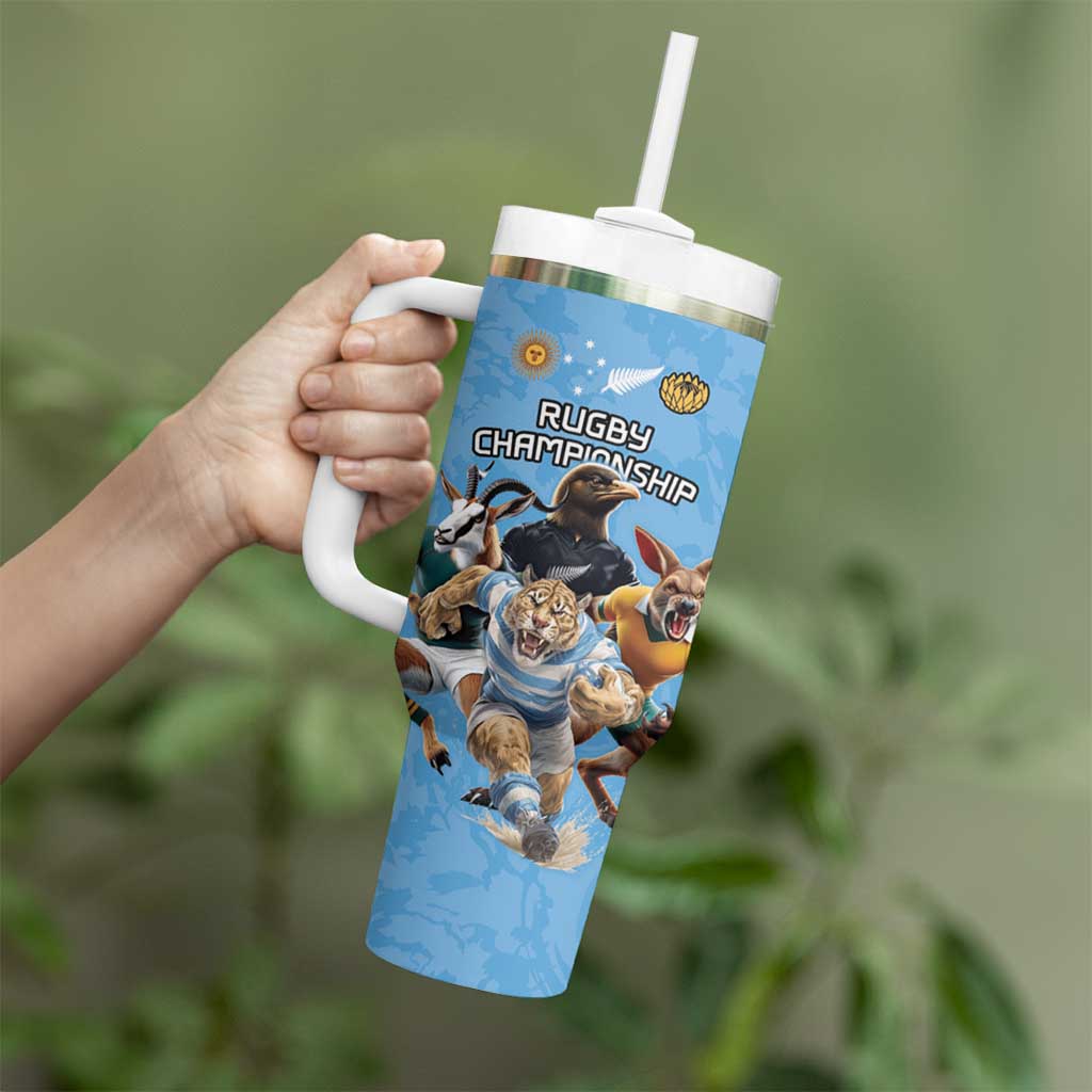 Custom Rugby Southern Hemisphere Tumbler With Handle Argentina AUNZ South Africa Mascot Blue - Aussie Hoodie