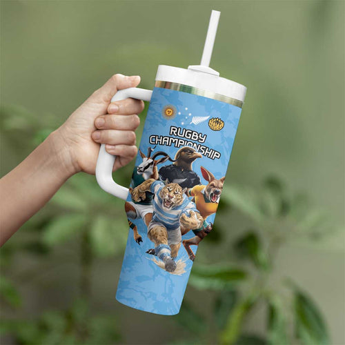 Custom Rugby Southern Hemisphere Tumbler With Handle Argentina AUNZ South Africa Mascot Blue - Aussie Hoodie