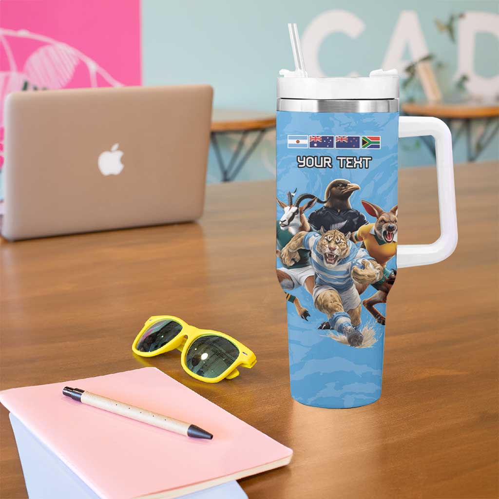 Custom Rugby Southern Hemisphere Tumbler With Handle Argentina AUNZ South Africa Mascot Blue - Aussie Hoodie