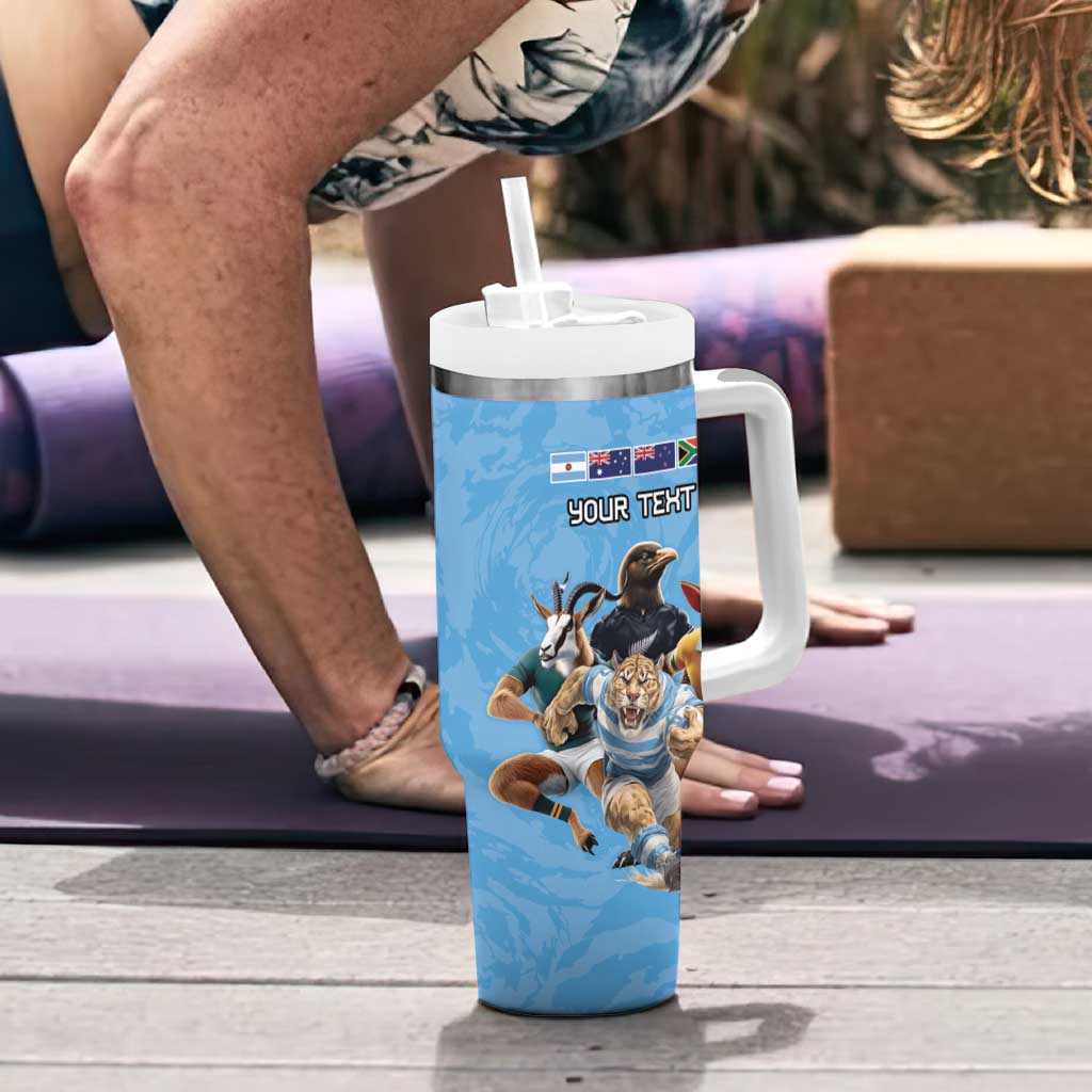 Custom Rugby Southern Hemisphere Tumbler With Handle Argentina AUNZ South Africa Mascot Blue - Aussie Hoodie