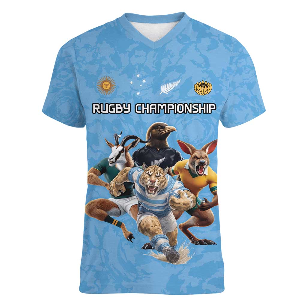 Custom Rugby Southern Hemisphere Women V-Neck T-Shirt Argentina AUNZ South Africa Mascot Blue - Aussie Hoodie