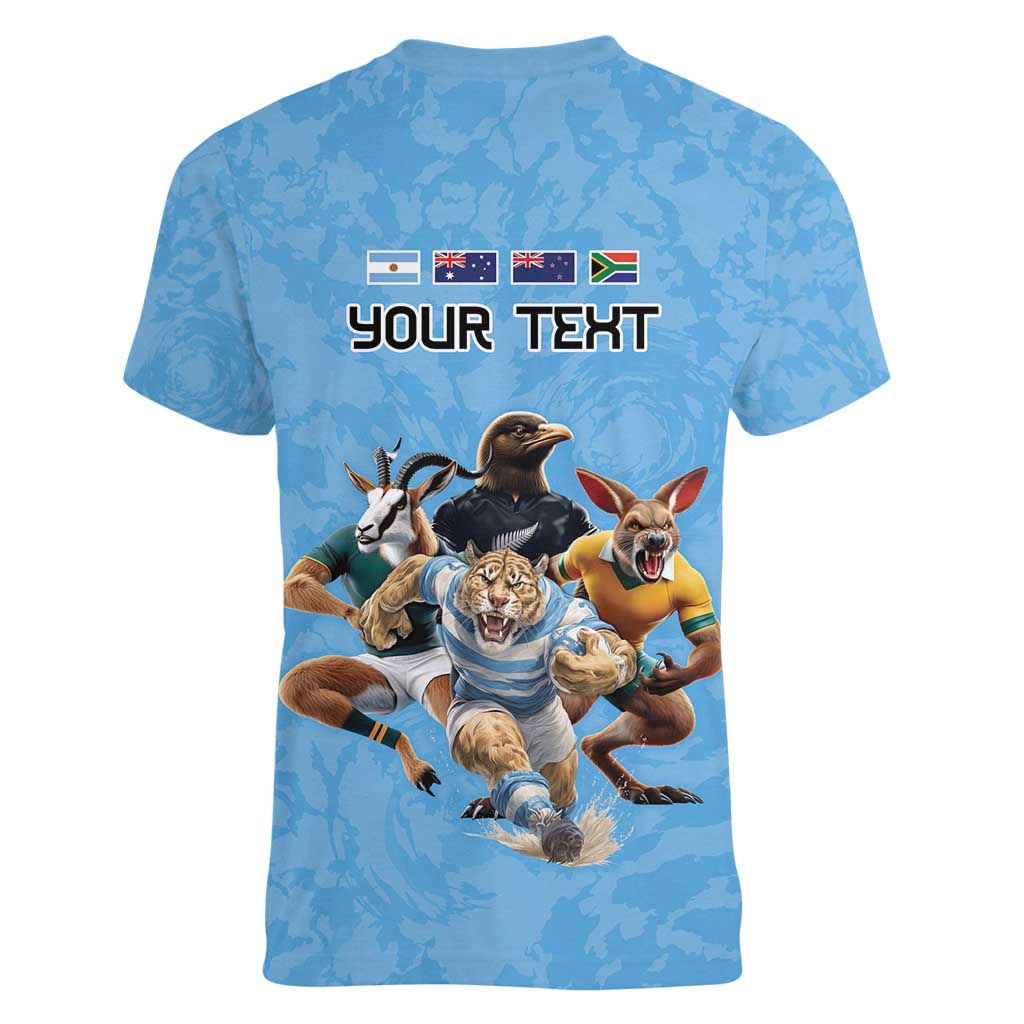 Custom Rugby Southern Hemisphere Women V-Neck T-Shirt Argentina AUNZ South Africa Mascot Blue - Aussie Hoodie