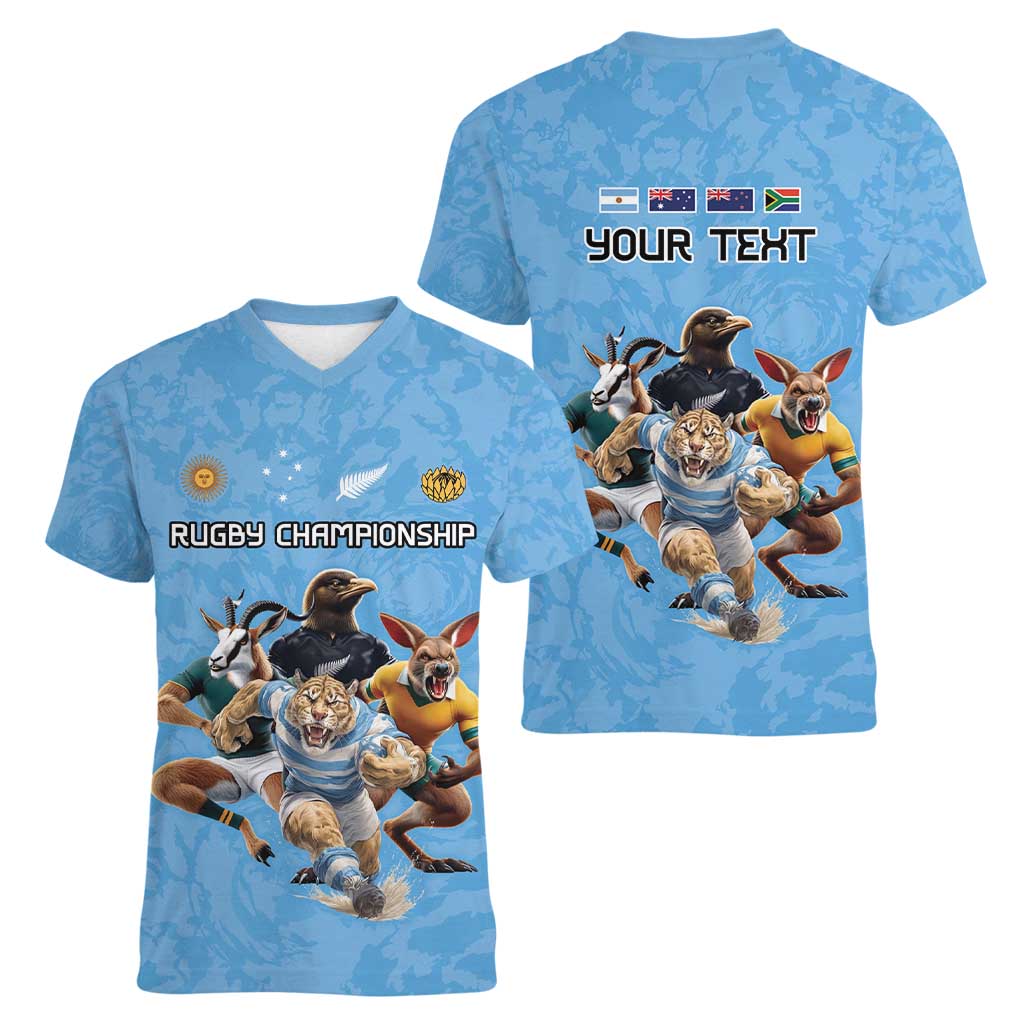 Custom Rugby Southern Hemisphere Women V-Neck T-Shirt Argentina AUNZ South Africa Mascot Blue - Aussie Hoodie